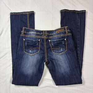 Almost Famous size 7 32 low rise bootcut jeans yellow stitching gems embroidery